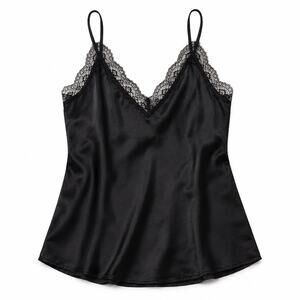 Victoria’s Secret Black Lace Trim Cami Top – Size Large – Satin Lingerie Style